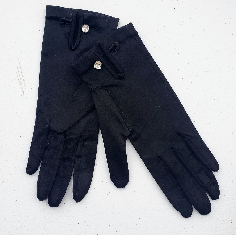 Vintage Western Germany Nylon Satin Black Rhinestone Buttoned Shortie Gloves